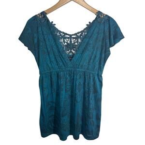 Vanity Top Women S Blue Empire Waist Babydoll Crochet Lace Back Boho Y2K Romance